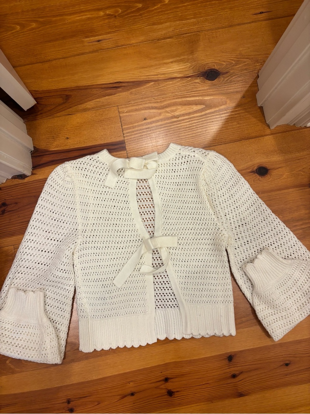 Cream Knit Tie-Front Crochet Cardigan